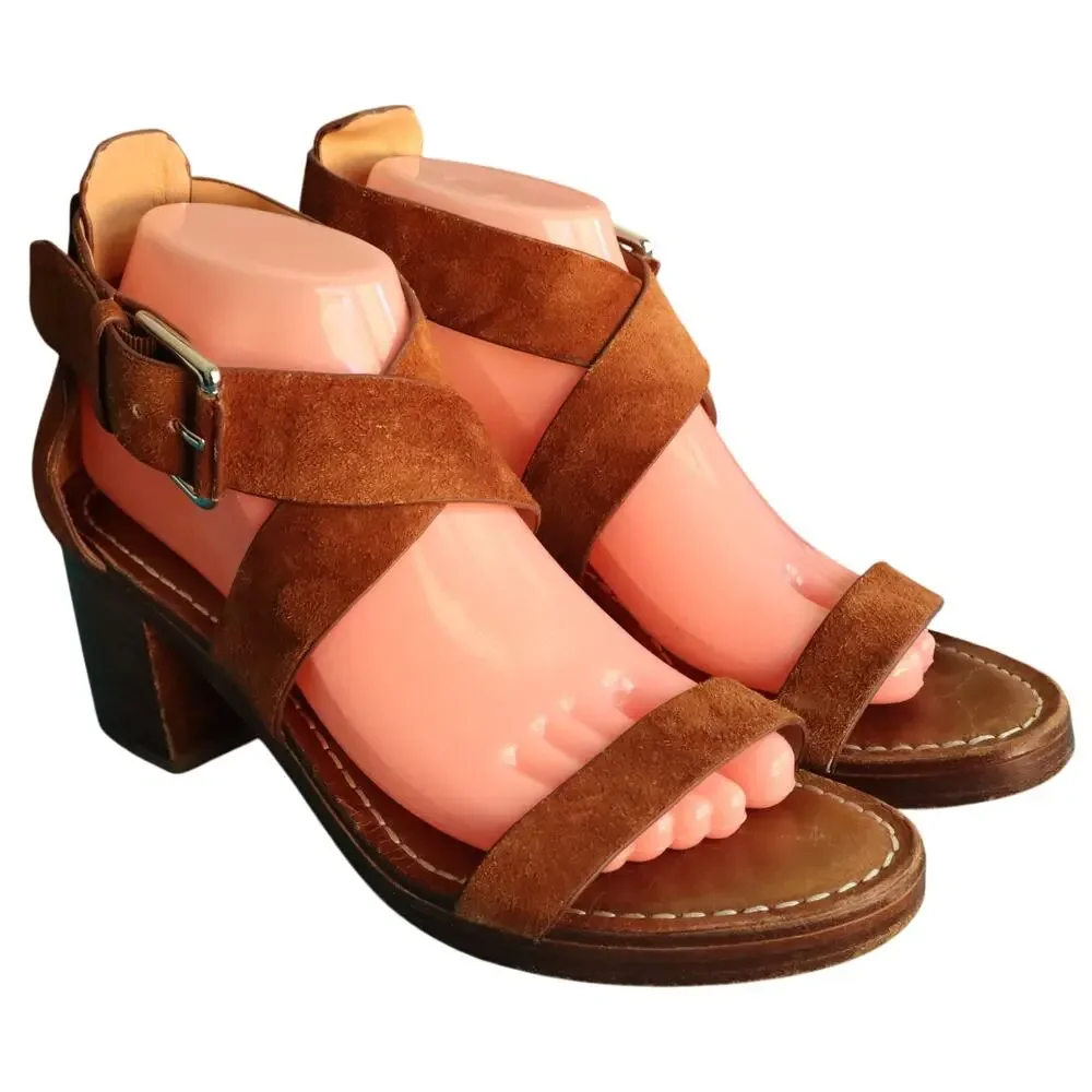 Belle Sigerson Morrison Tan Cognac Brown Suede Block Heel Sandal 8.5 B Boho Clog